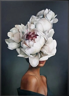 Artistic depiction of a person with a large white flower head against a dark background