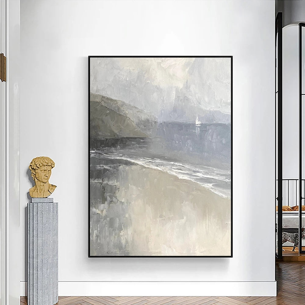Abstract landscape painting on a wall with a classical bust sculpture below.