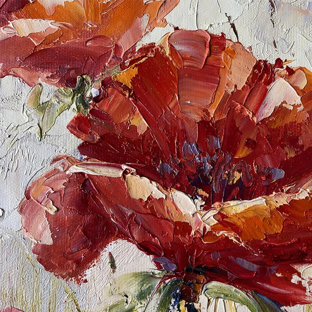 Close-up of a textured painting of a red flower with a white background