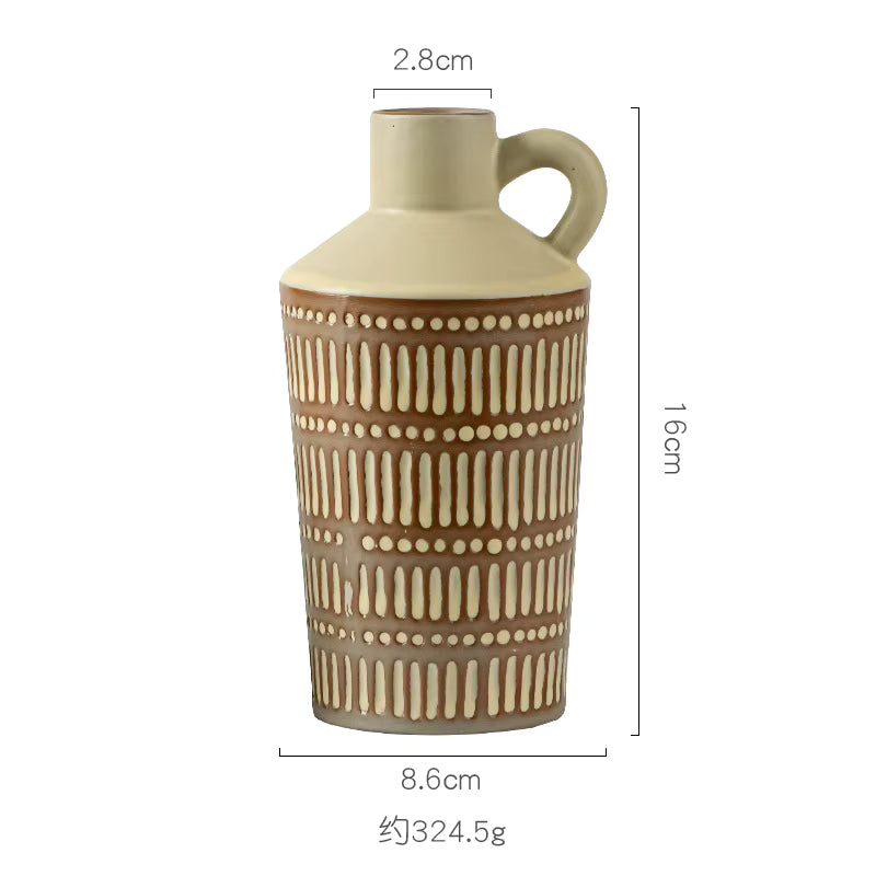 Ceramic vase with decorative patterns and measurements on a white background