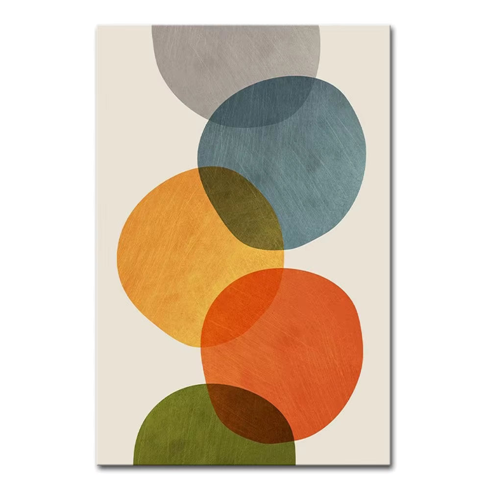 Abstract art print with colorful circles on a beige background