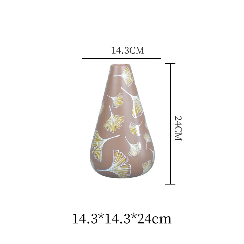 Decorative vase with floral patterns and dimensions on a white background
