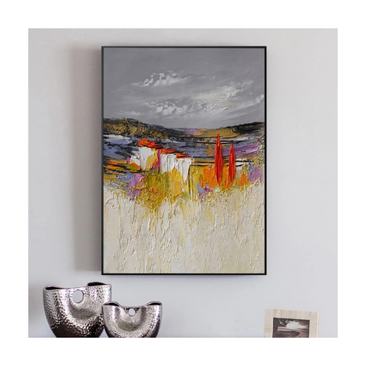 Abstract painting with colorful landscape on a white wall, accompanied by two metallic vases.