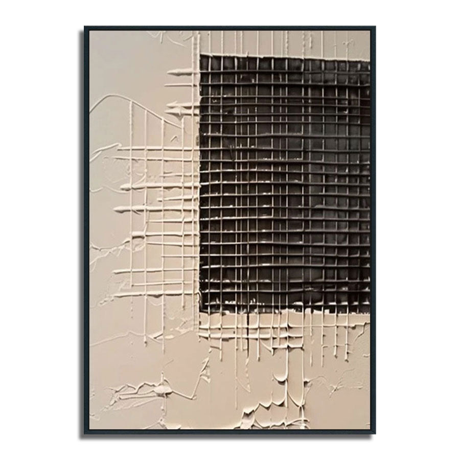 Abstract art piece with geometric patterns on a beige background