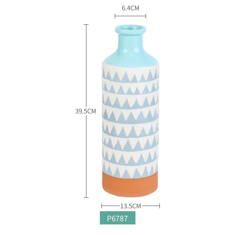 Decorative vase with geometric pattern and measurements on a white background