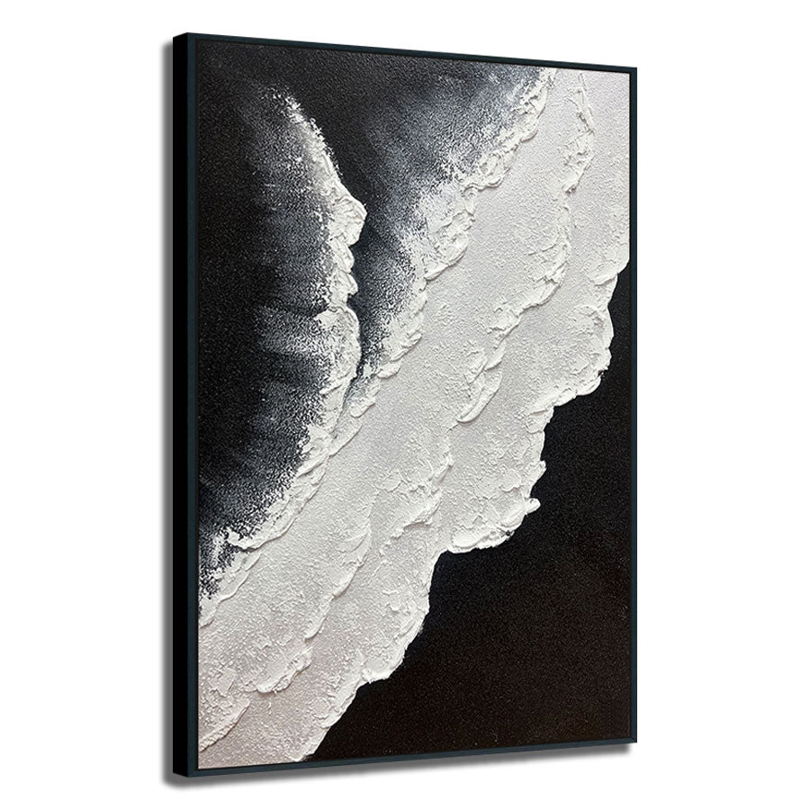 Abstract art piece with black and white gradient in a black frame