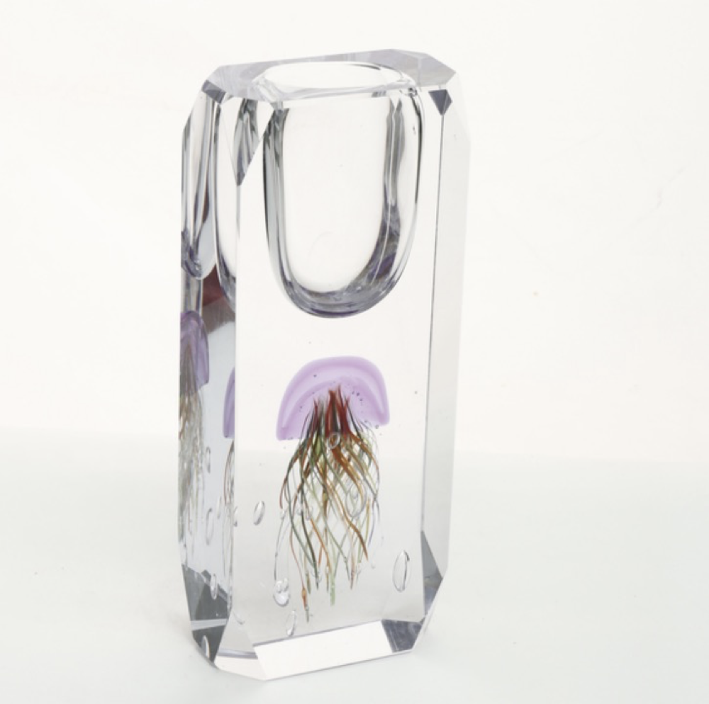 Clear glass vase with a jellyfish design on a white background