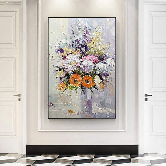 Floral painting in a modern interior setting with white walls and black and white checkered floor.