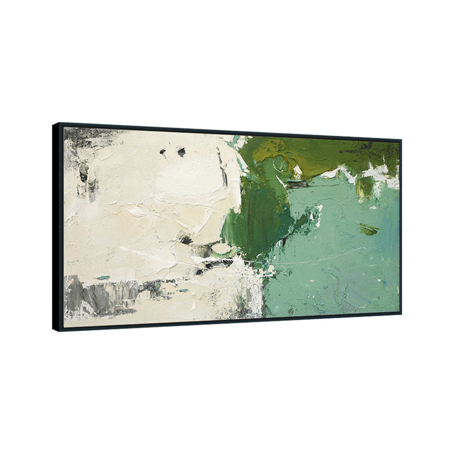 Abstract art piece with green and beige tones on a white background