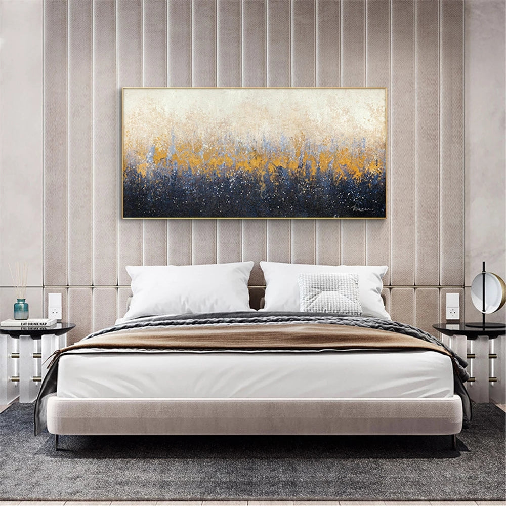Modern bedroom with a bed, abstract painting on the wall, and side tables.