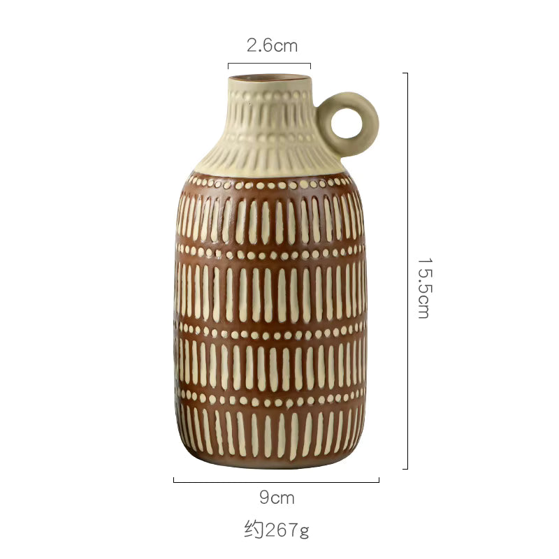 Ceramic vase with decorative patterns and measurements on a white background