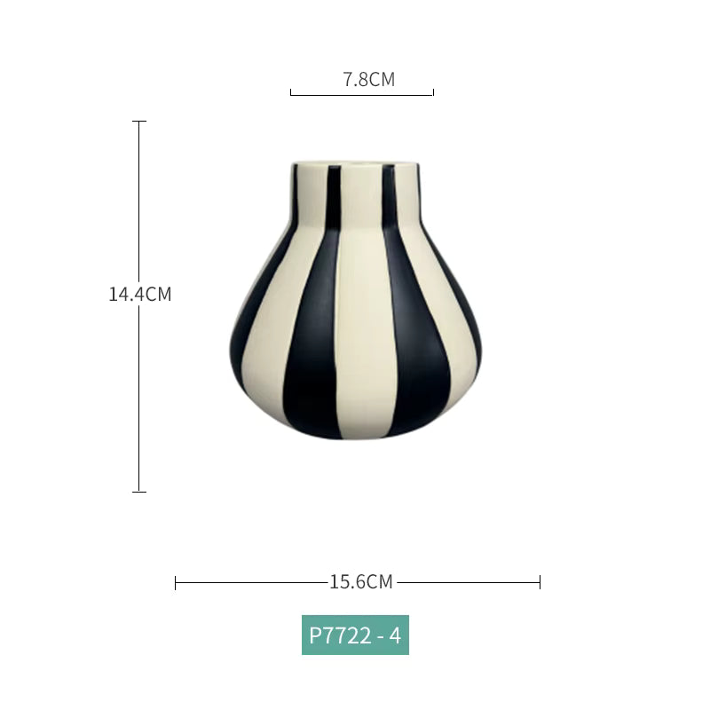 Black and white striped vase with dimensions on a white background