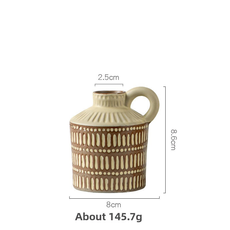 Ceramic vase with brown and beige pattern, dimensions, and weight displayed on a white background