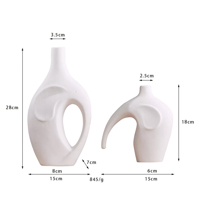 Two white ceramic vases with dimensions labeled on a white background