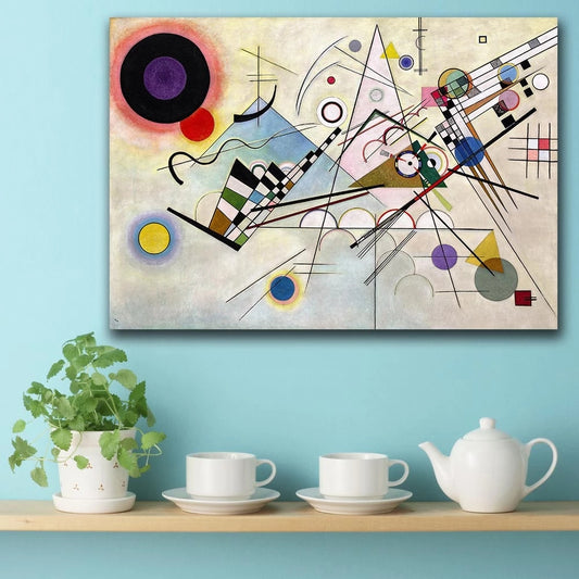 Abstract painting on a wall with a shelf below featuring a plant, teacups, and a teapot.