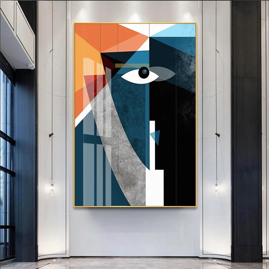 Abstract art piece with geometric shapes on a wall in a modern interior setting