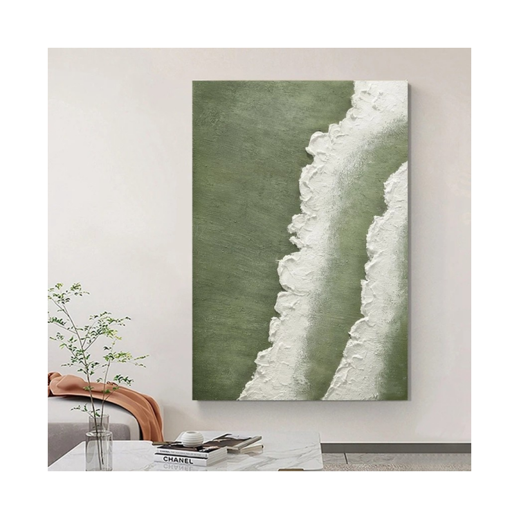 Abstract art piece with green and white tones on a wall in a room.