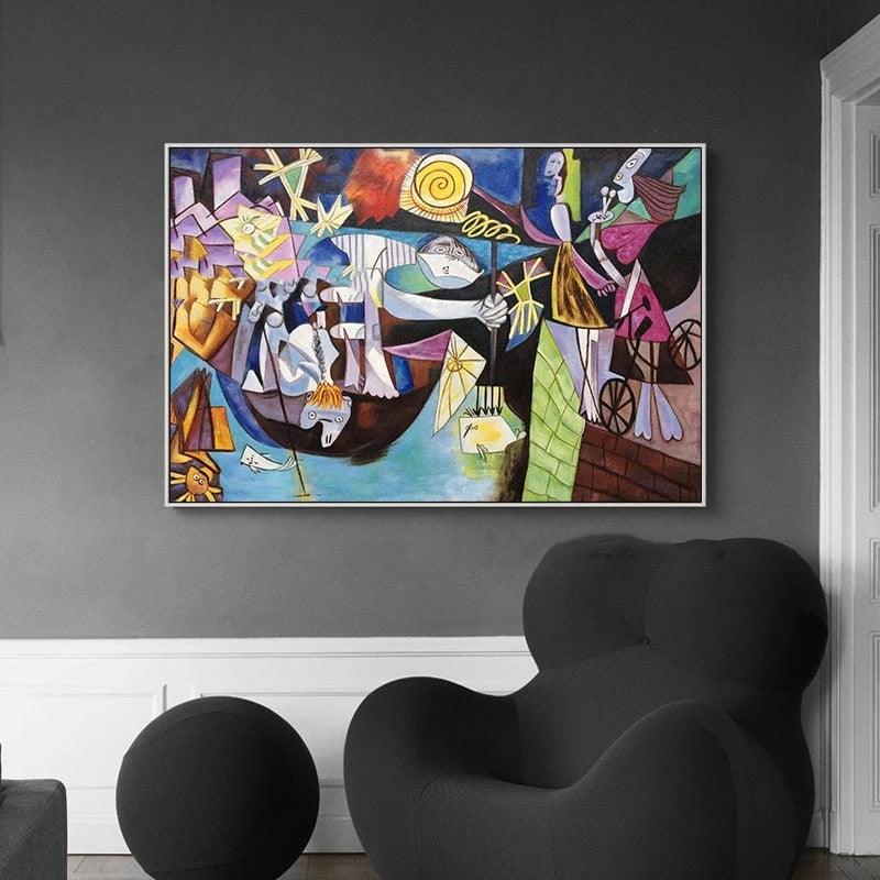 Abstract painting on a gray wall with black chairs below