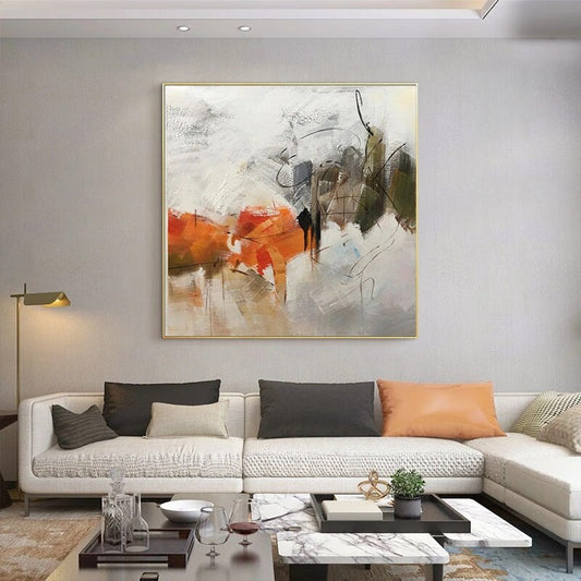 Modern living room with a sectional sofa, coffee table, and abstract painting on the wall.