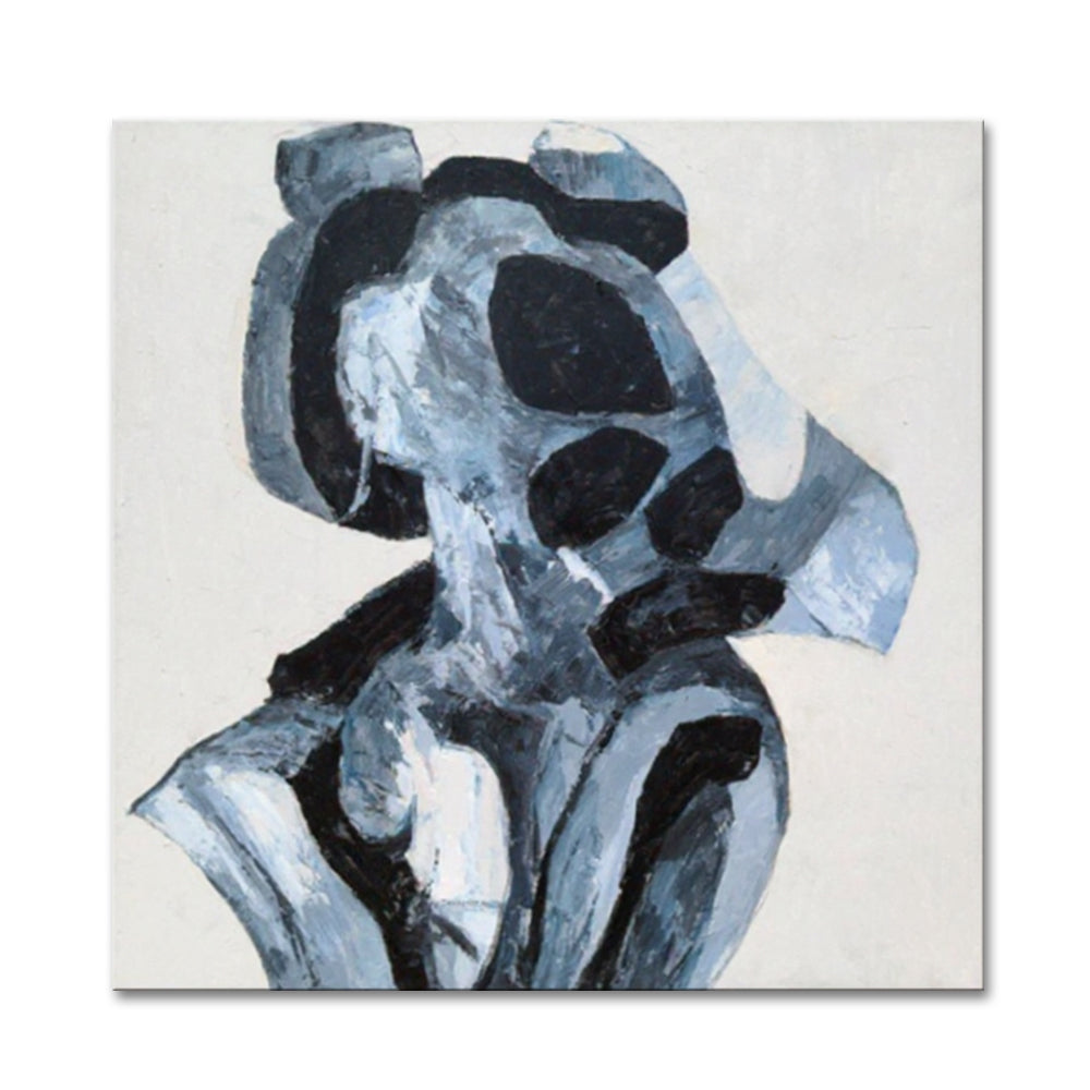 Abstract art piece with blue and black shapes on a light gray background