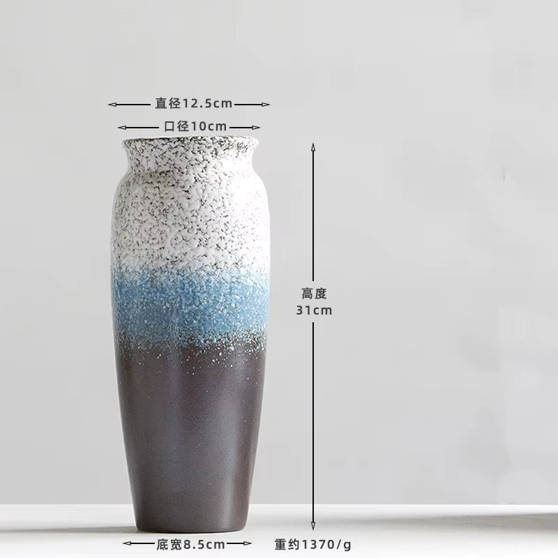 Ceramic vase with gradient color design and measurement labels on a white background