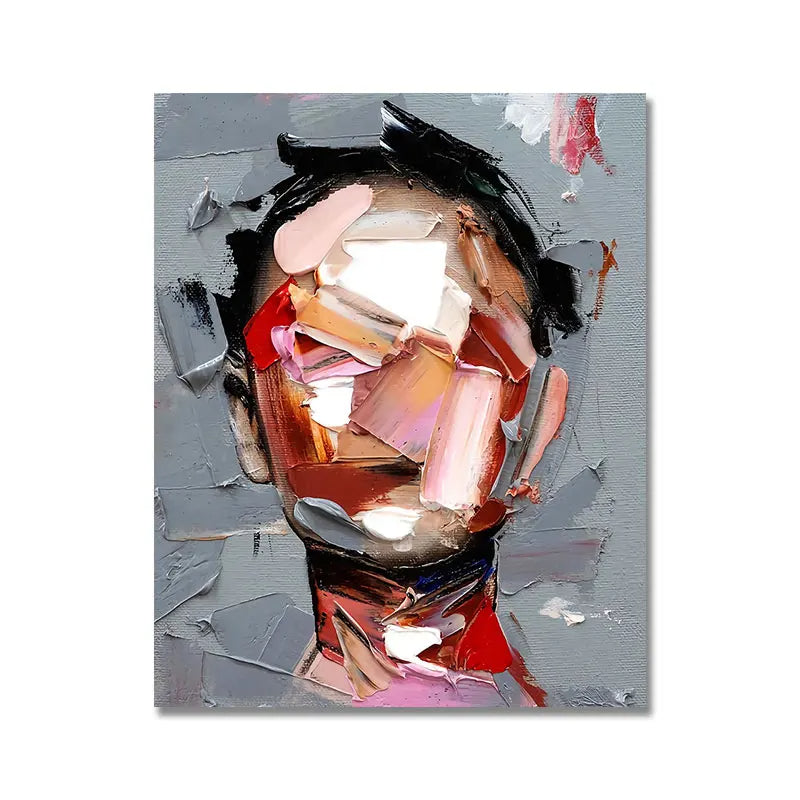 Abstract art piece with a colorful face on a gray background