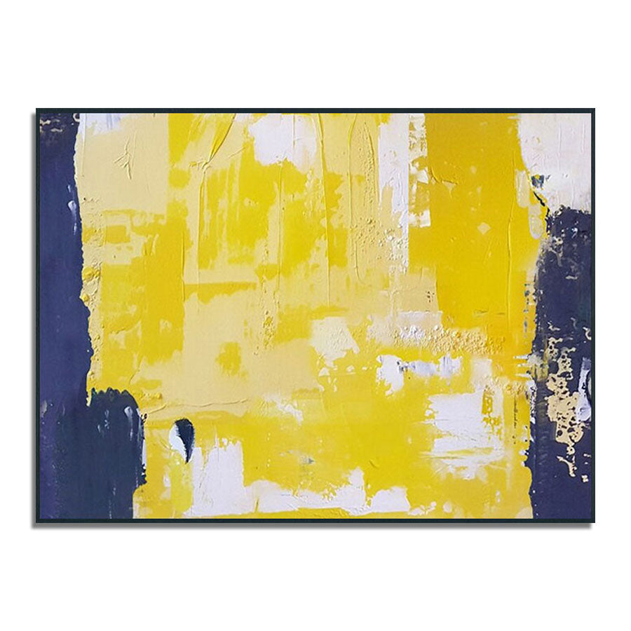 Abstract art piece with yellow, white, and blue colors on a white background