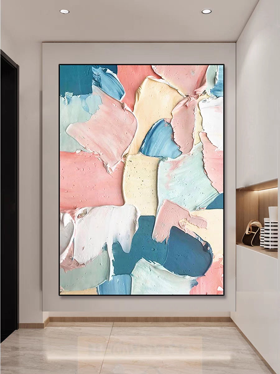 Abstract art piece with pastel colors in a modern interior setting