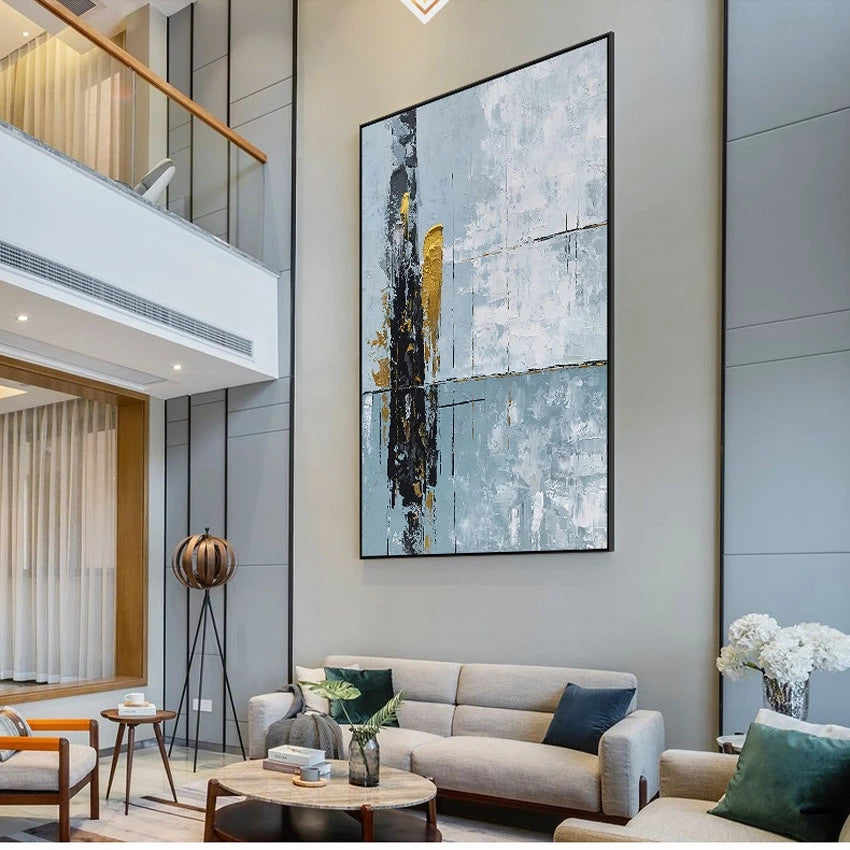 Modern living room with abstract art on the wall