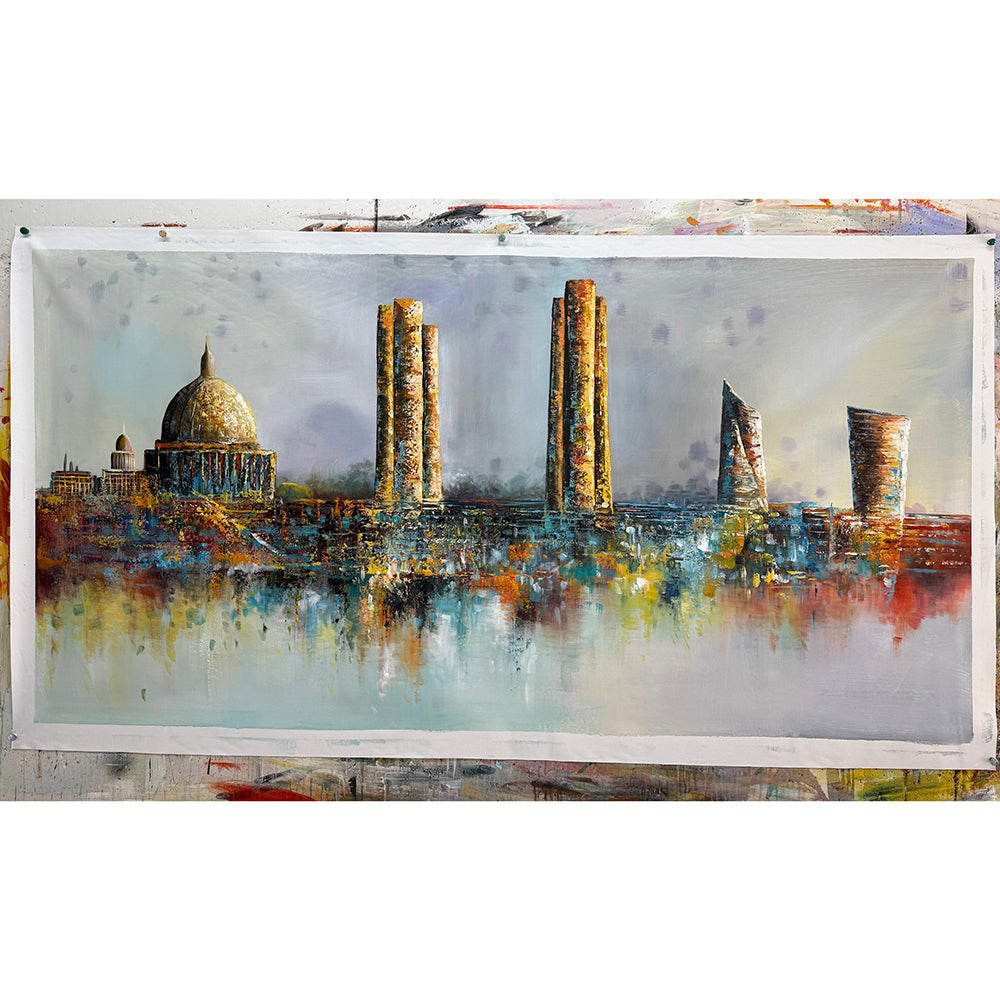 Cityscape painting with modern buildings and a dome, framed on a textured wall.