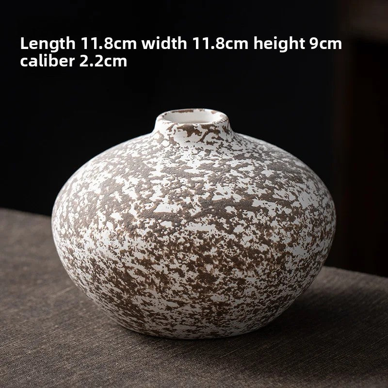 Ceramic vase with speckled glaze on a dark surface