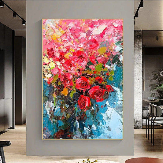 Colorful abstract floral painting on a wall in a modern interior setting