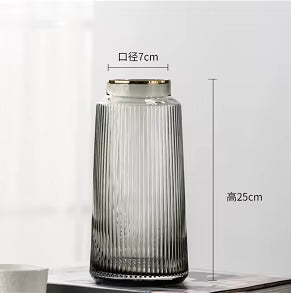 Gold-Rimmed Ribbed Glass Vase