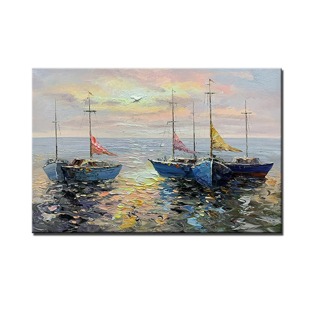 Painting of sailboats on a calm sea with a colorful sky.