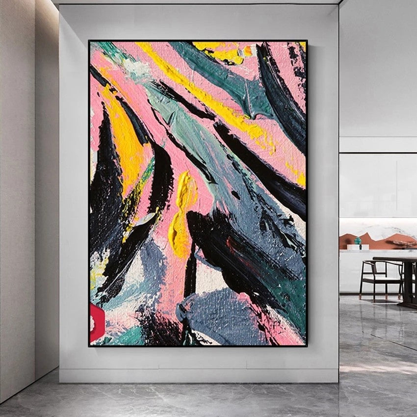 Abstract painting with colorful brush strokes in a modern interior setting