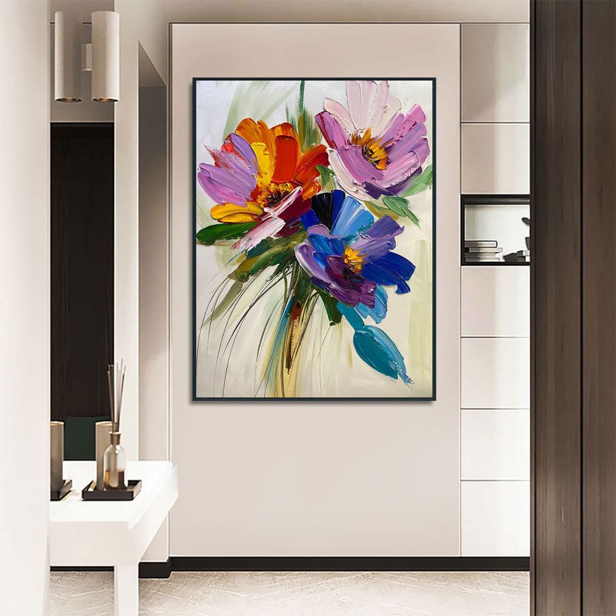 Colorful floral painting in a modern interior setting