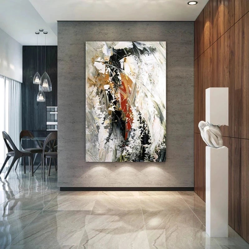 Abstract painting in a modern interior setting with wooden paneling and a dining area.