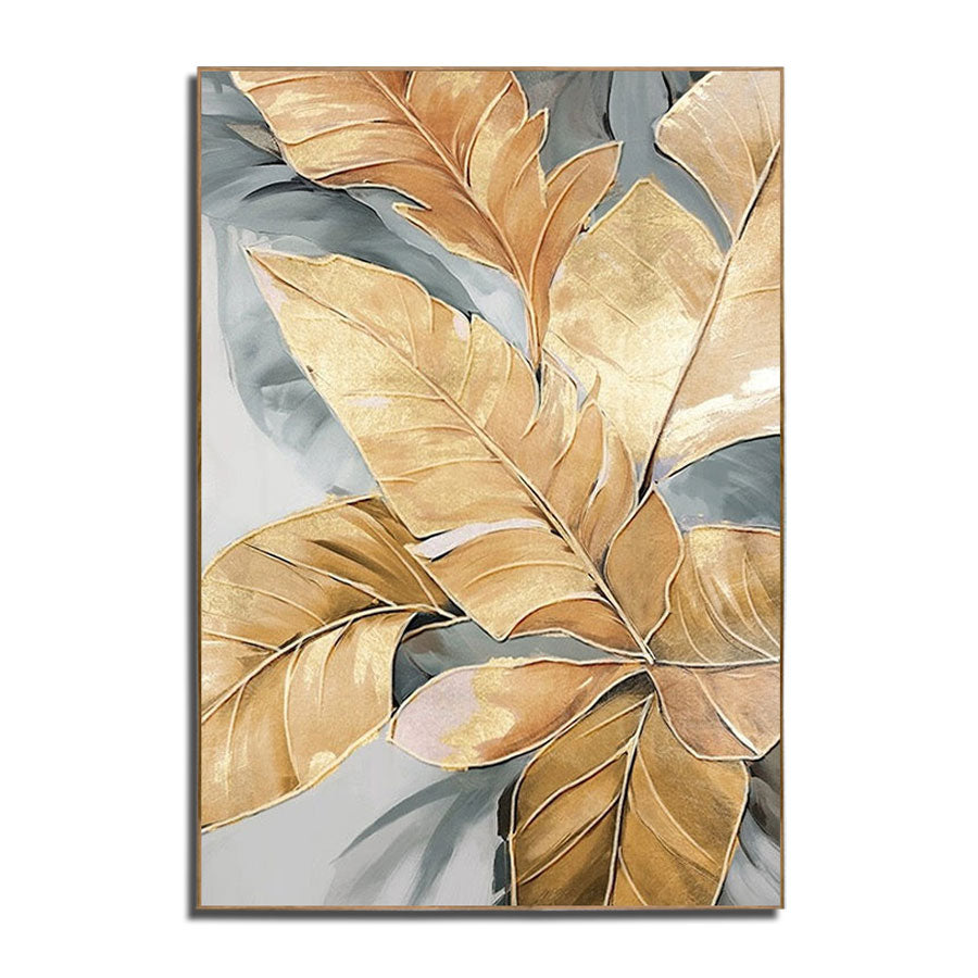 Decorative wall art with gold leaves on a gray and white background
