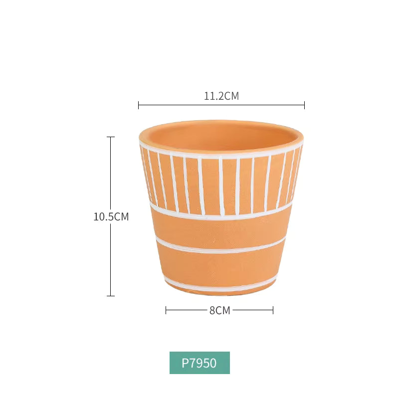 Orange planter with white stripes and dimensions on a white background