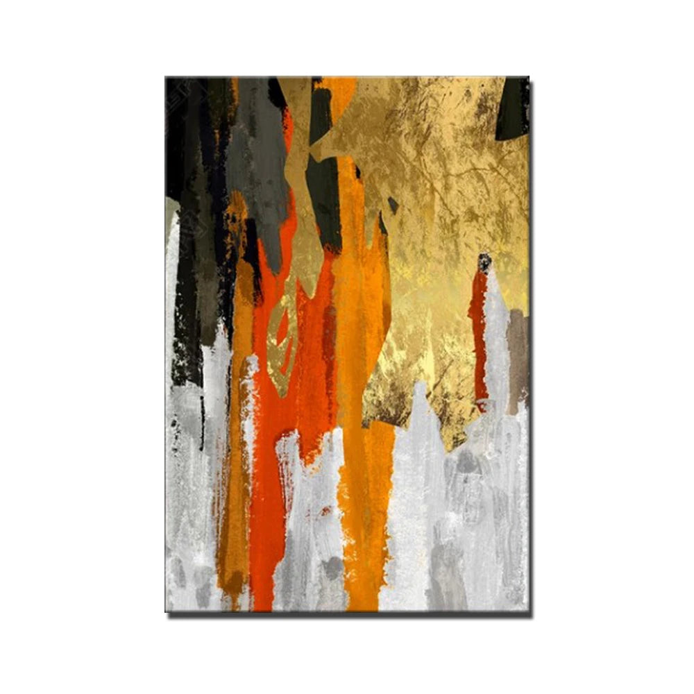 Abstract art print with orange, gold, and gray colors on a white background