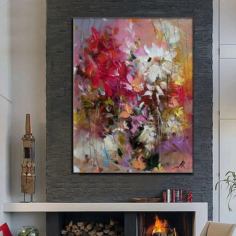 Abstract floral painting on a textured wall above a fireplace.