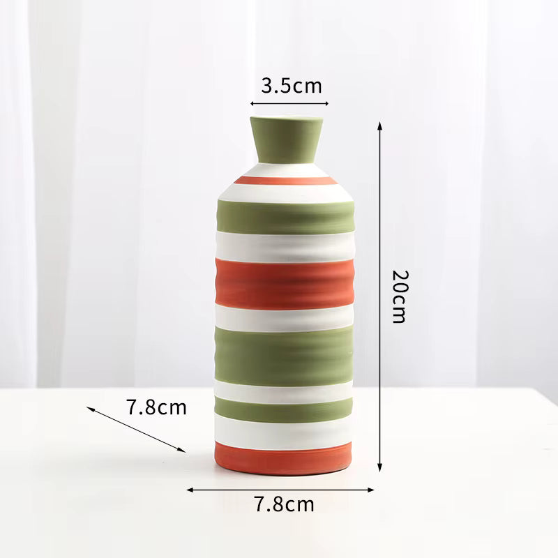 Striped vase with dimensions labeled on a white background
