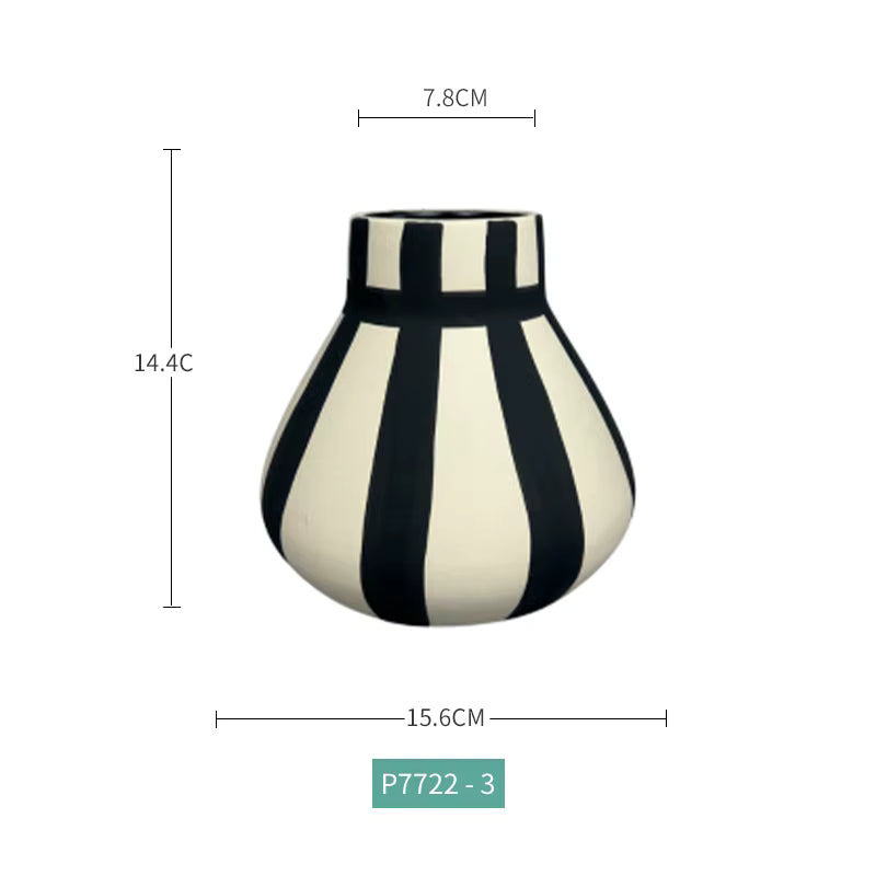 Black and white striped vase with dimensions on a white background