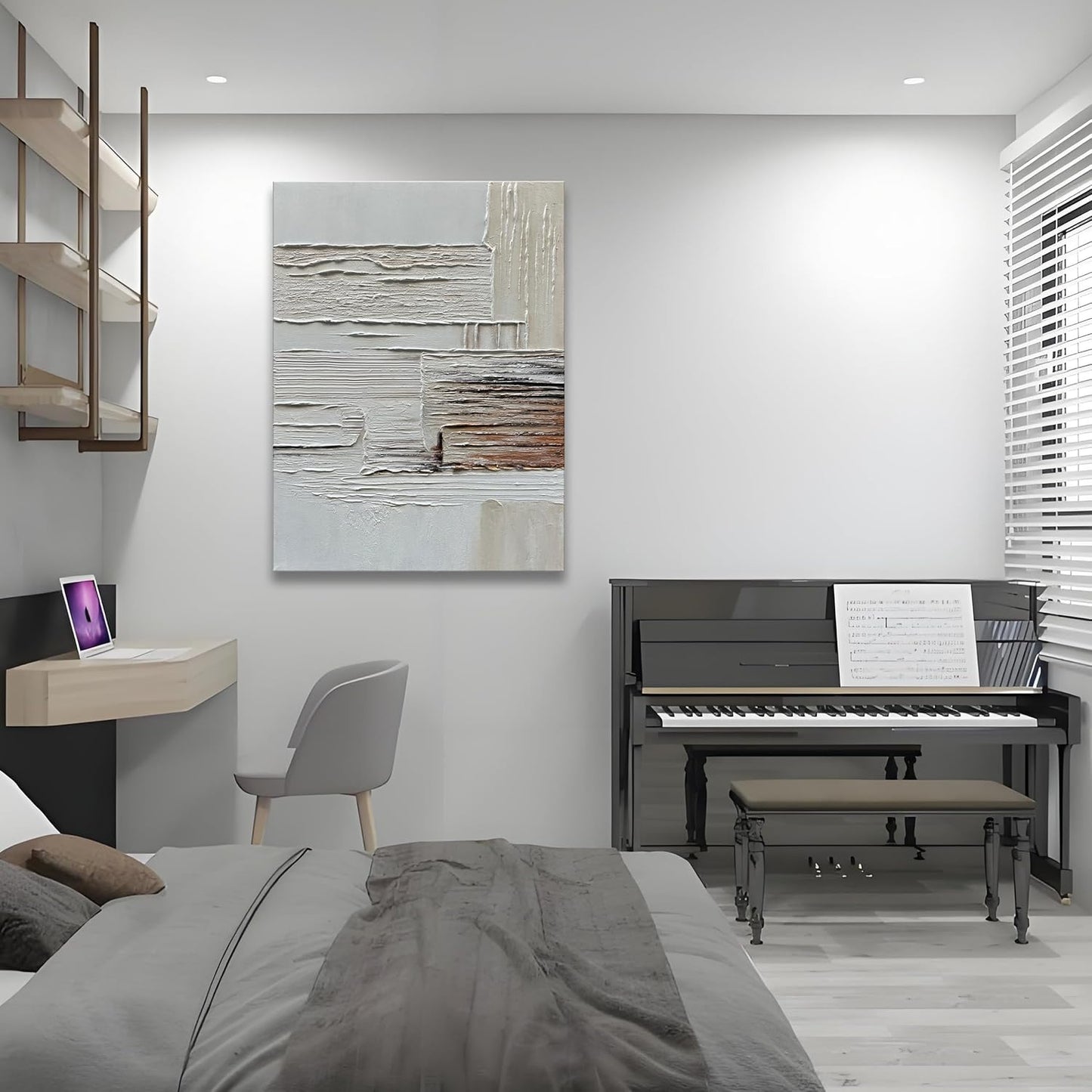 Modern bedroom with a bed, piano, and abstract wall art.