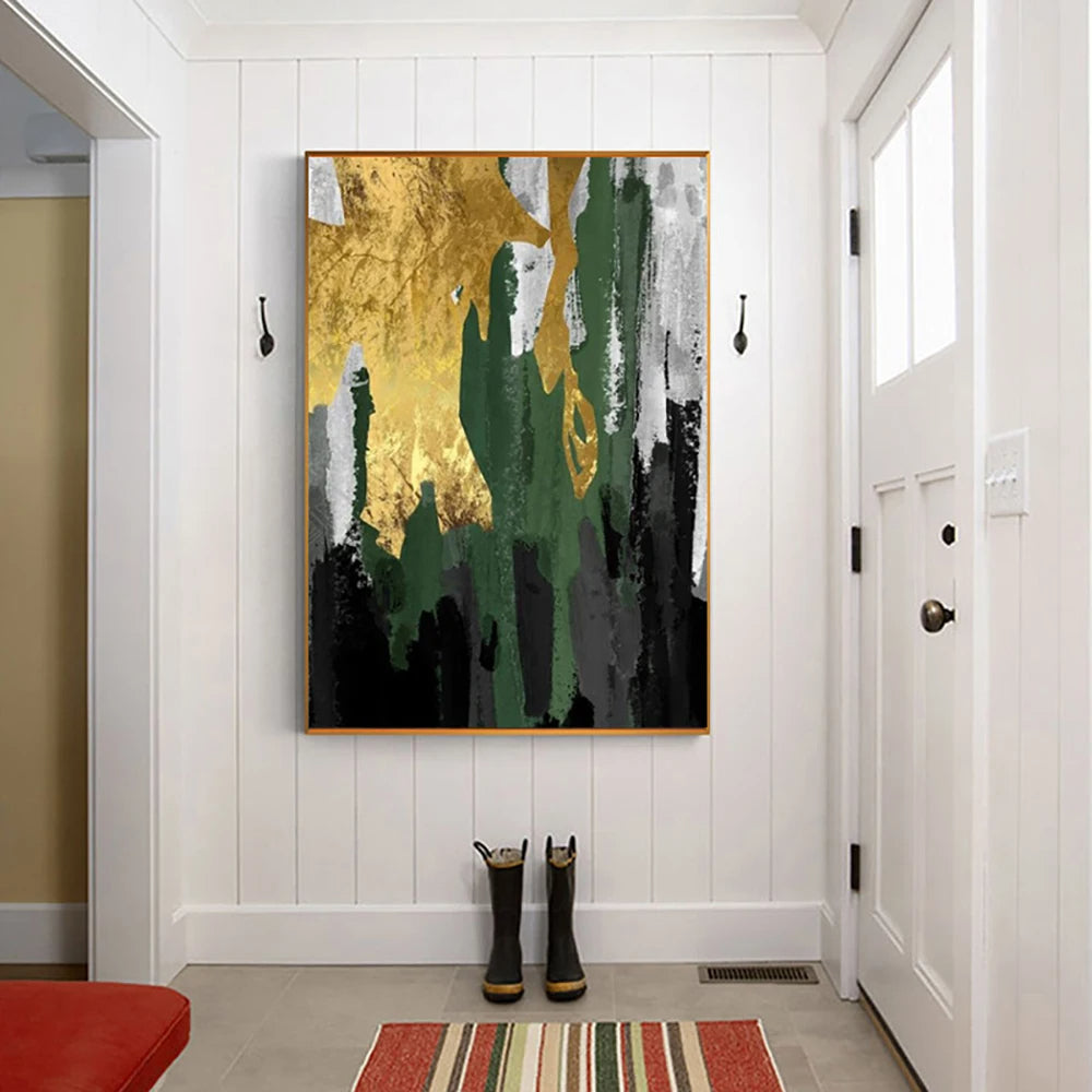 Abstract art painting in a hallway with boots and a rug