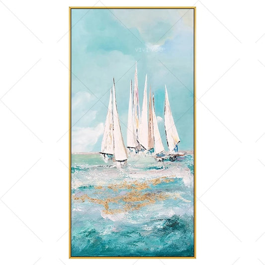 Framed artwork of sailboats on a blue ocean with gold accents