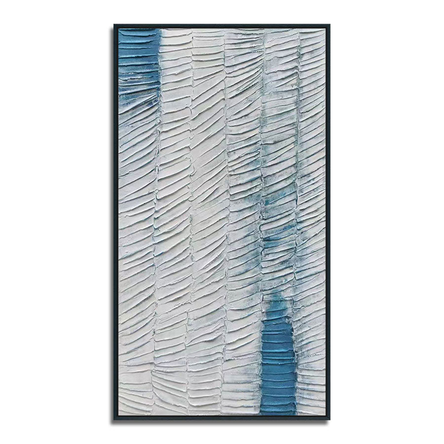 Abstract art piece with wavy patterns in blue and white on a white background