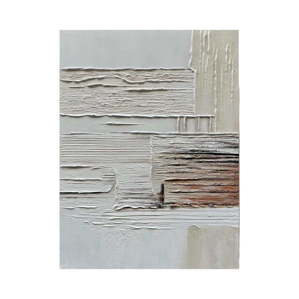 Abstract art piece with textured brush strokes in neutral colors on a white background