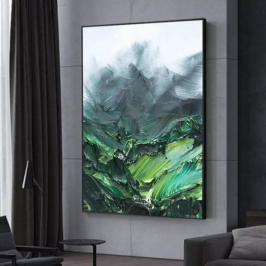 Abstract green painting on a wall in a modern living room.
