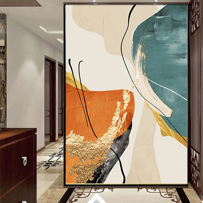 Abstract art piece with geometric shapes in a modern interior setting